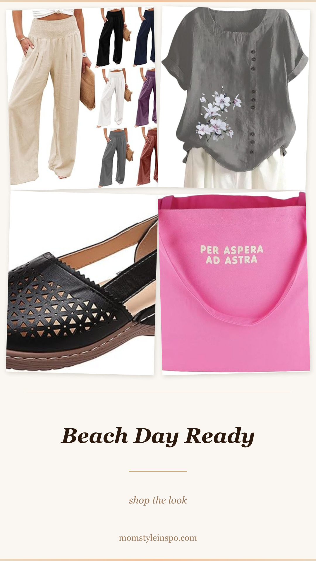 Beach day ready outfit — linen pants, linen cover up shirt, flat sandals, canvas tote