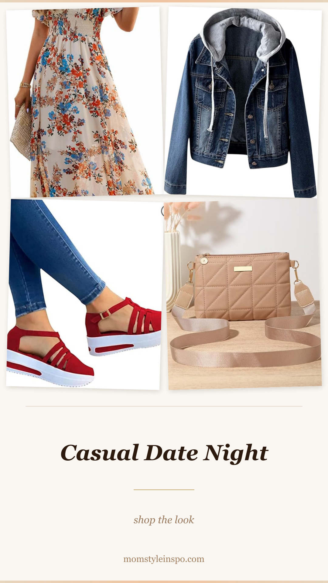 Casual date night outfit — chiffon floral dress, denim jacket, wedge sandals, quilted bag
