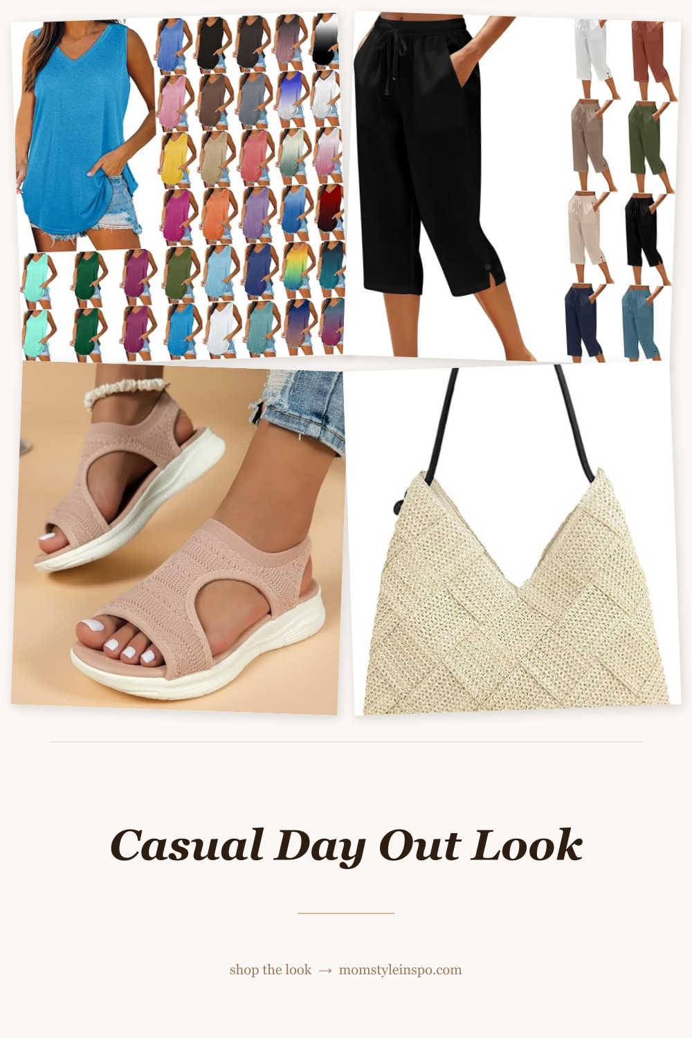 Casual day out look — tank top, capri pants, flat sandals, shoulder bag