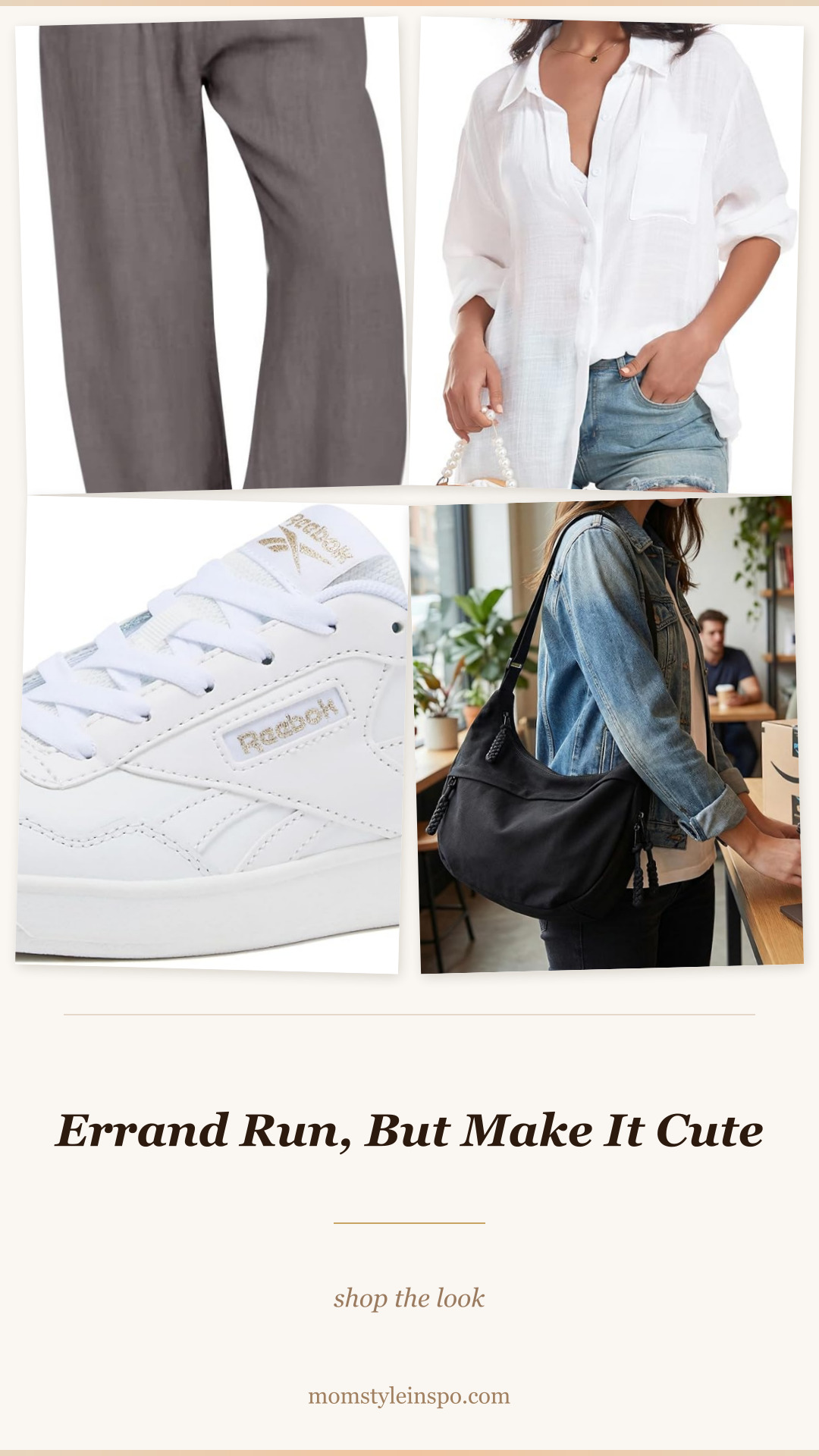Errand run cute outfit — linen pants, linen shirt, white sneakers, nylon crossbody