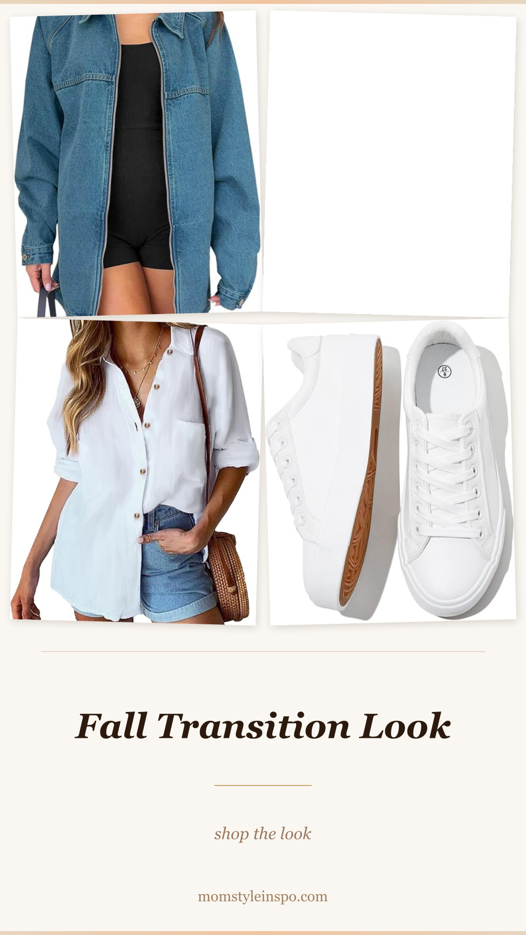 Fall transition outfit — denim jacket, linen pants, linen shirt, white sneakers