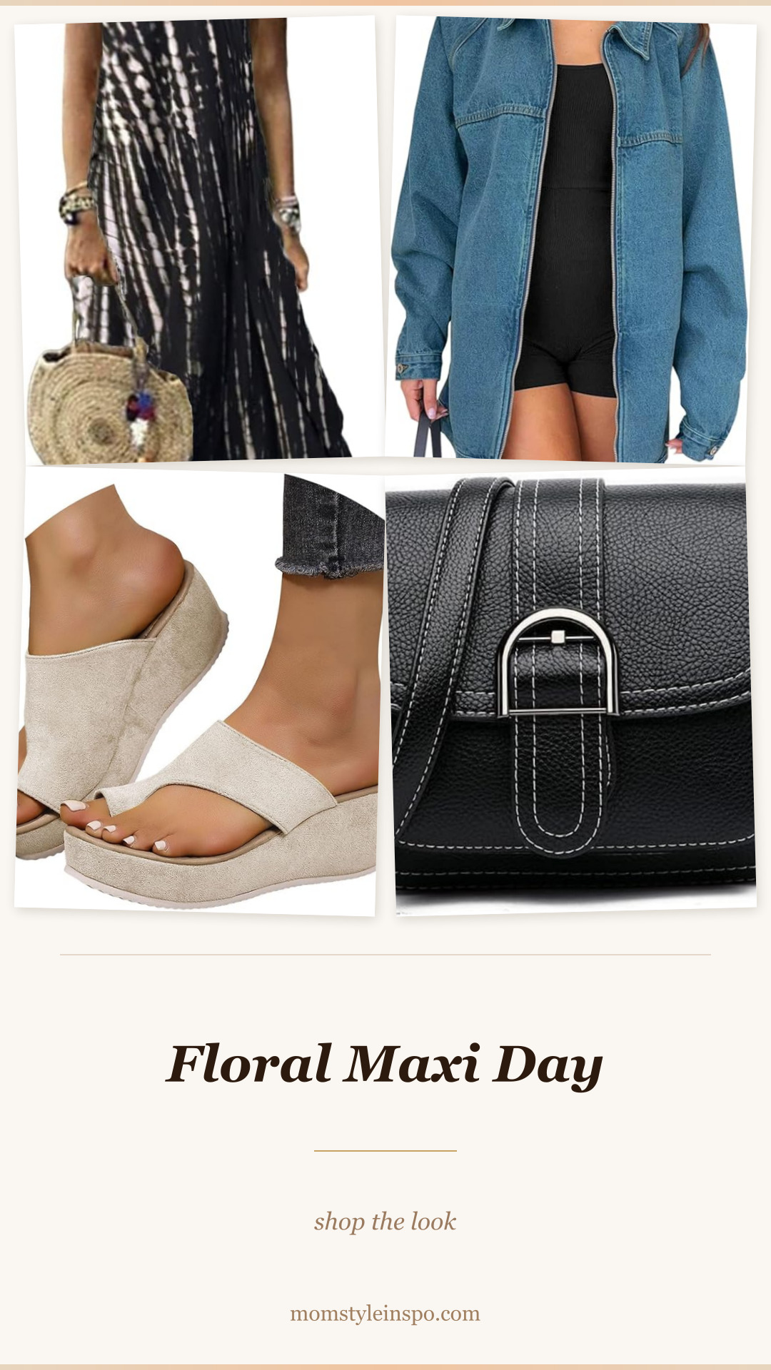 Floral maxi dress day look — sundress, denim jacket, wedge sandals, crossbody bag