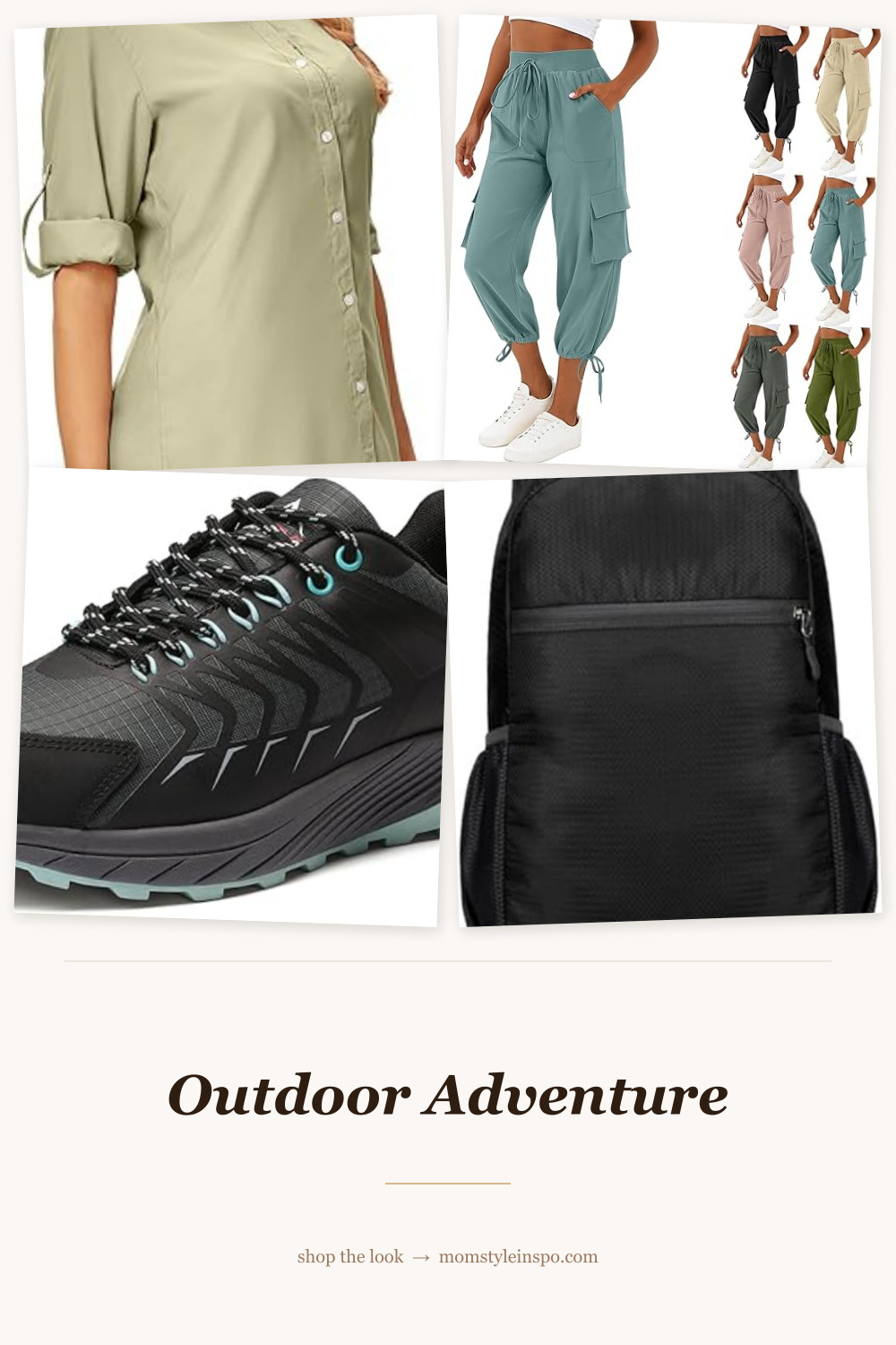 Outdoor adventure outfit — UPF shirt, cargo pants, hiking shoes, daypack