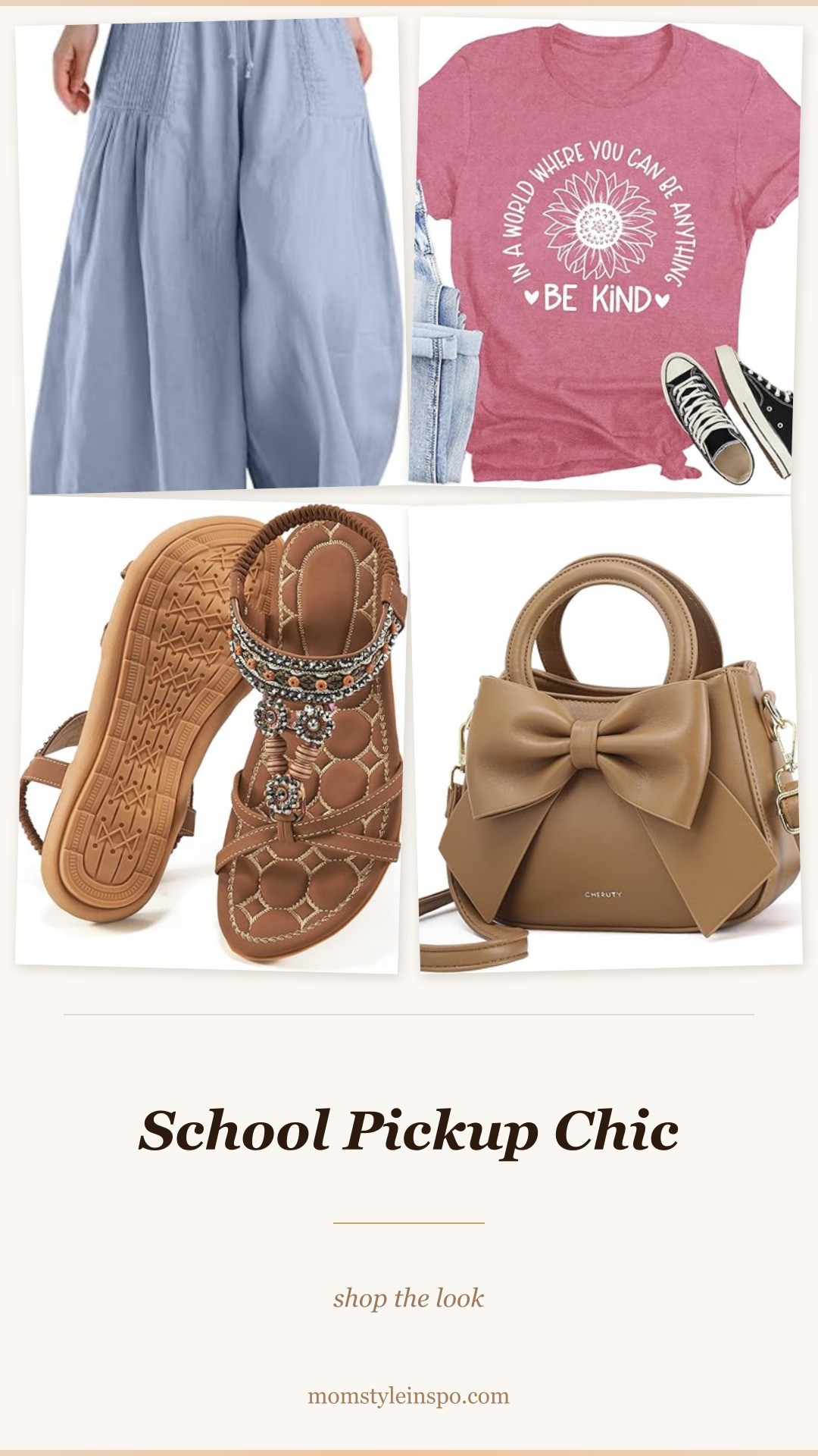 School Pickup Chic outfit — wide leg linen pants, graphic tee, sandals, crossbody bag