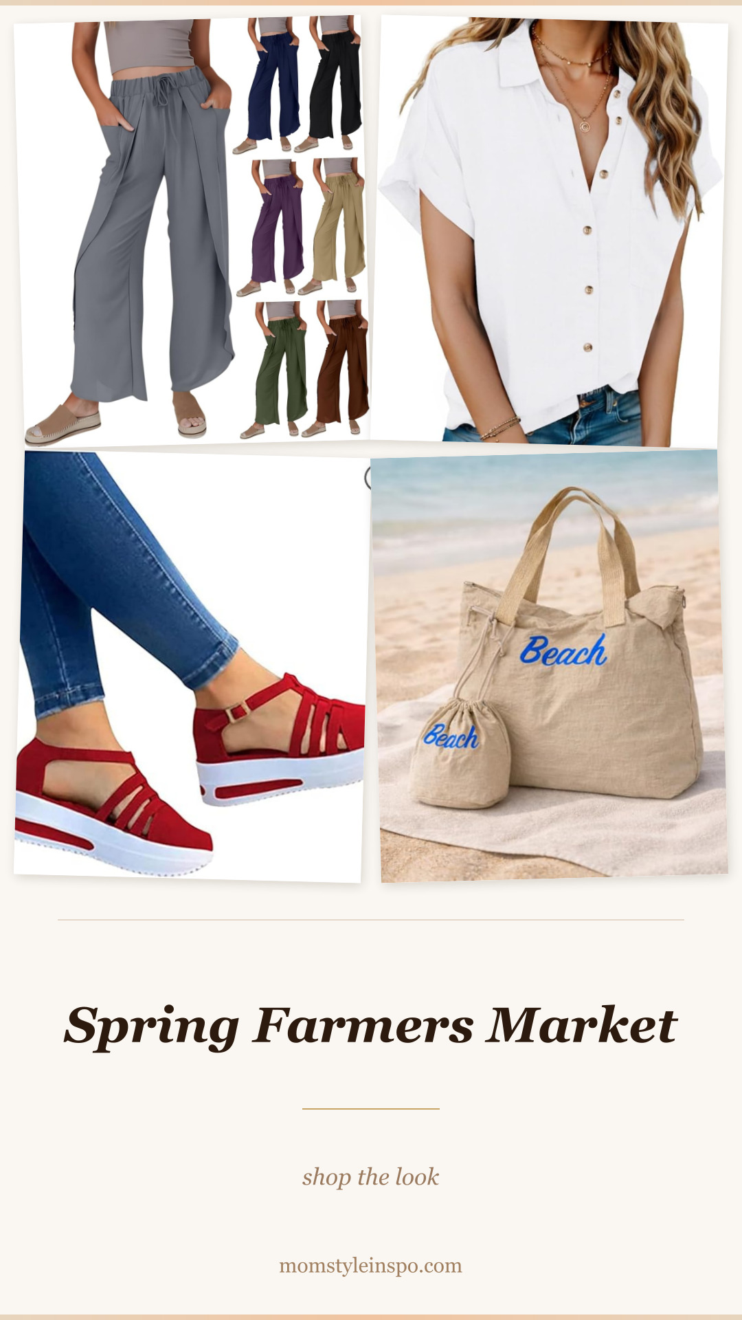 Spring farmers market outfit — linen pants, linen shirt, sandals, canvas tote