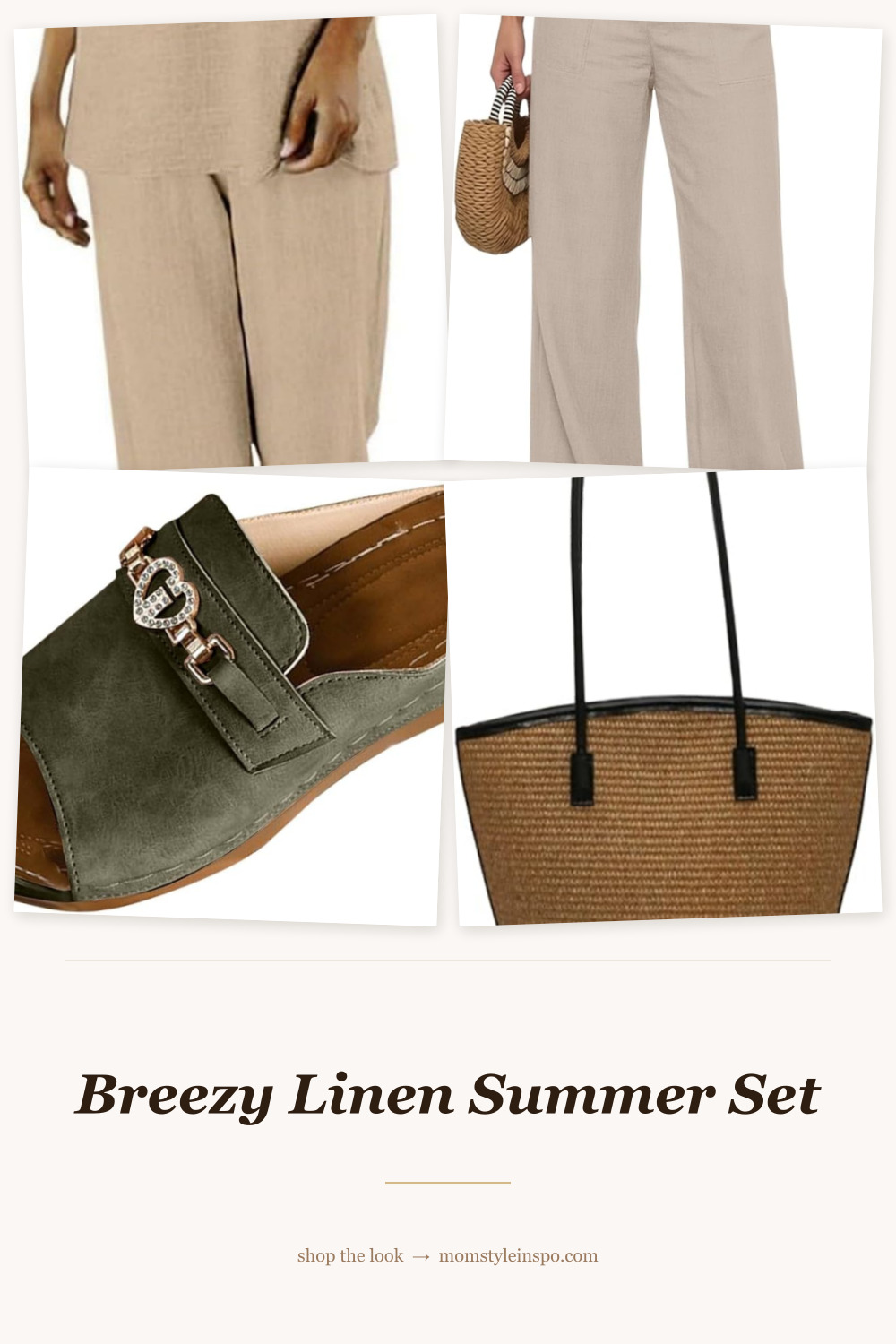 Breezy linen summer set — tank, wide leg pants, sandals, beach tote