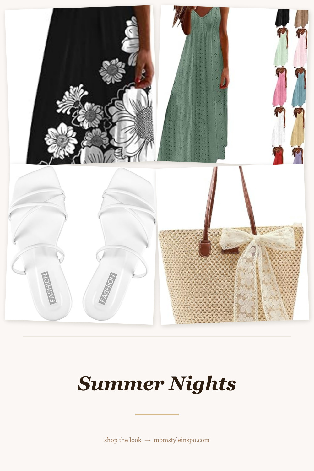Summer nights outfit — flowy maxi dress, flat sandals, woven tote