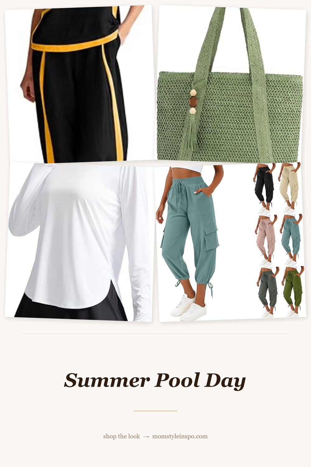 Summer pool day outfit — linen tank set, wide leg pants, strappy sandals, straw tote