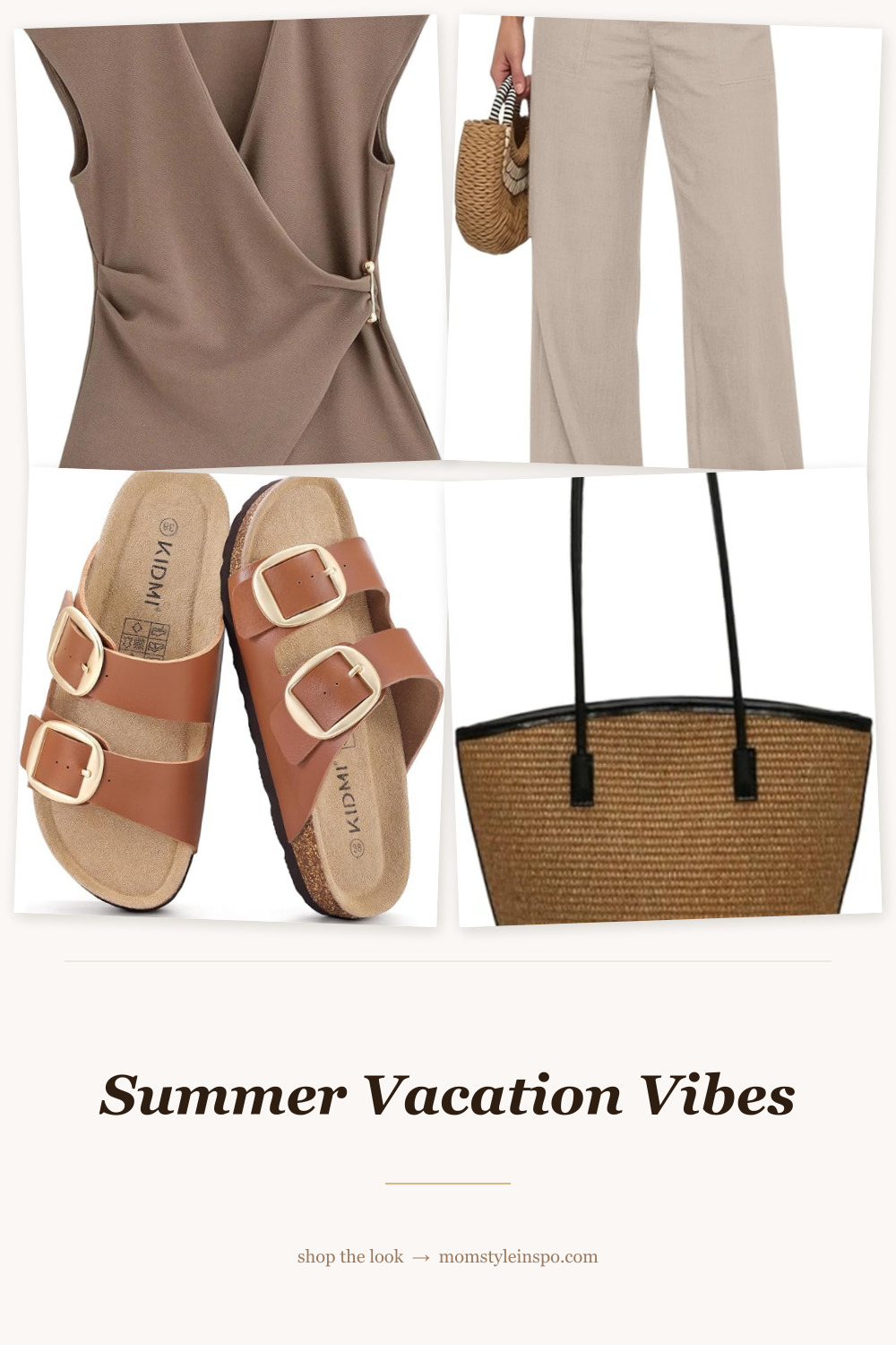 Summer vacation outfit — vest set, wide leg pants, slide sandals, woven tote