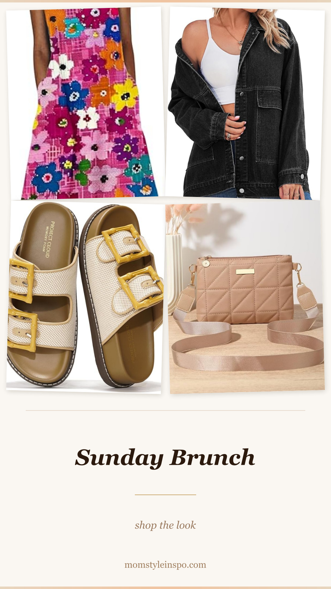 Sunday brunch outfit — floral dress, denim jacket, platform sandals, quilted bag
