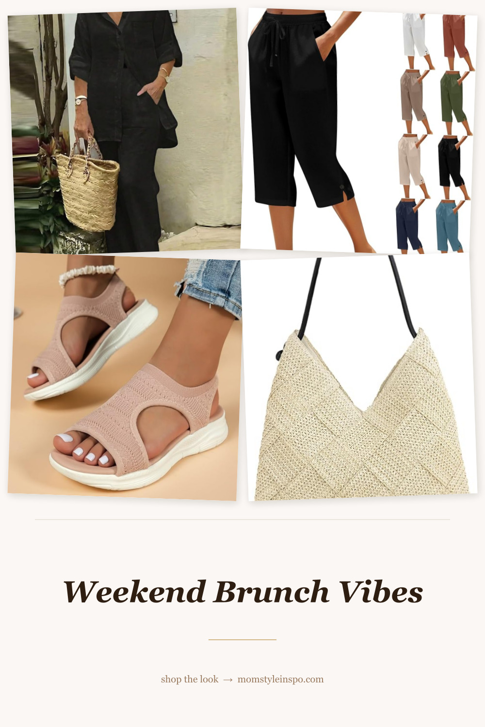 Casual weekend brunch outfit — linen shirt, capri pants, sandals, tote bag