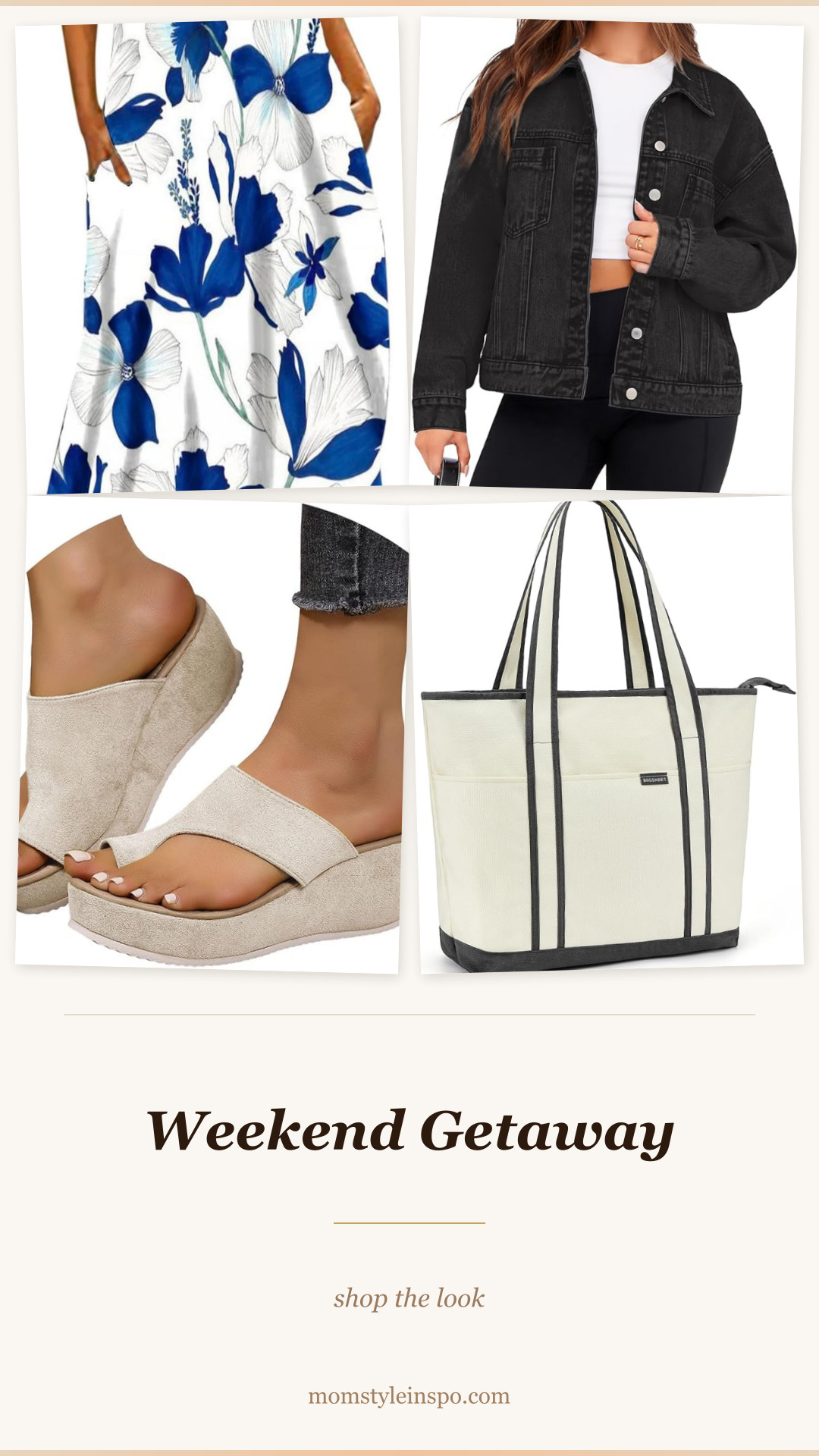 Weekend getaway outfit — flowy maxi dress, black denim jacket, wedge sandals, canvas tote